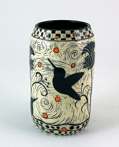 Vase - Hummingbird and Thistles with Checkered Rim