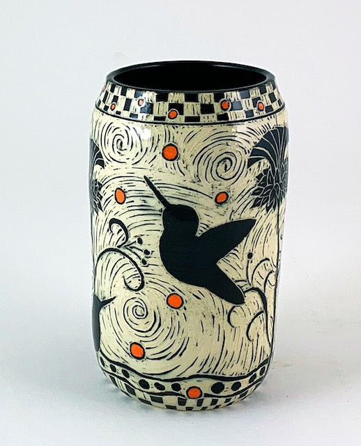 Vase - Hummingbird and Thistles with Checkered Rim