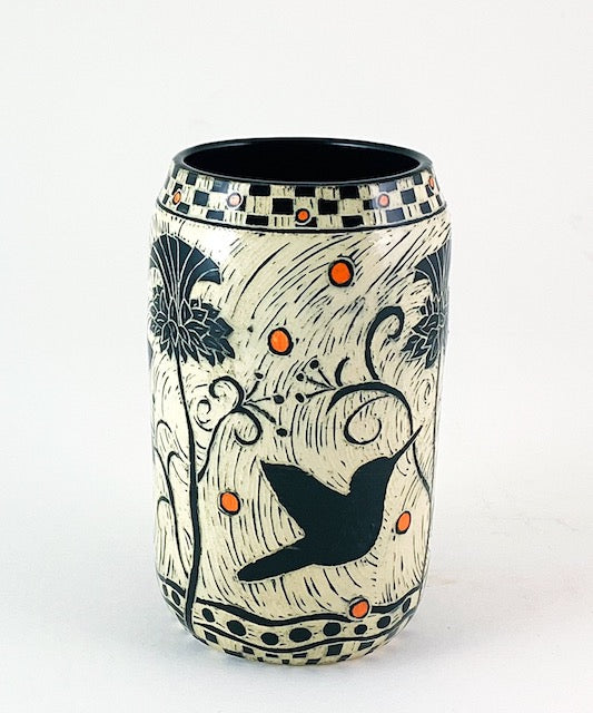 Vase - Hummingbird and Thistles with Checkered Rim