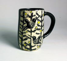 Load image into Gallery viewer, Woodcut Mug - Hummers in the Garden with Yellow Pops
