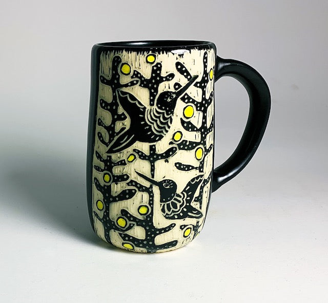 Woodcut Mug - Hummers in the Garden with Yellow Pops