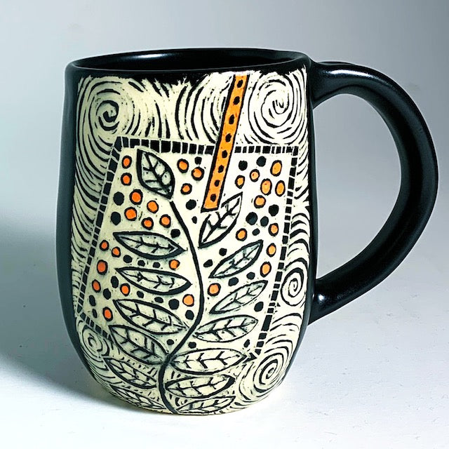 Woodcut Mug - Etched Flower and Orange Pops