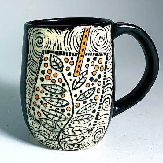 Woodcut Mug - Etched Flower and Orange Pops